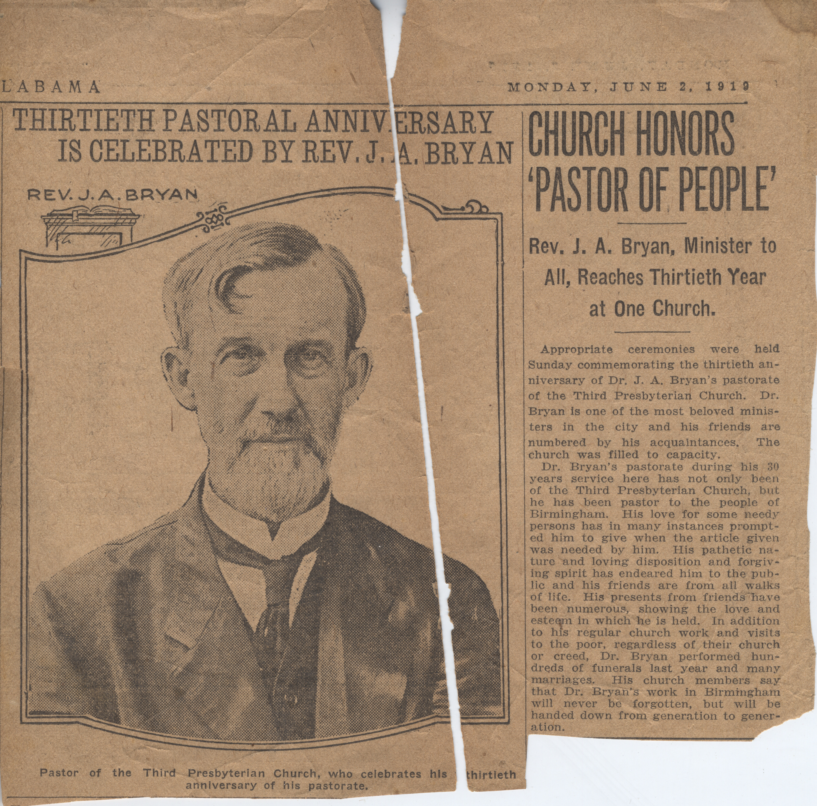 Church Honors 'Pastor of the People' Thirtieth Anniversary Is Celebrated By Rev. J.A. Bryan