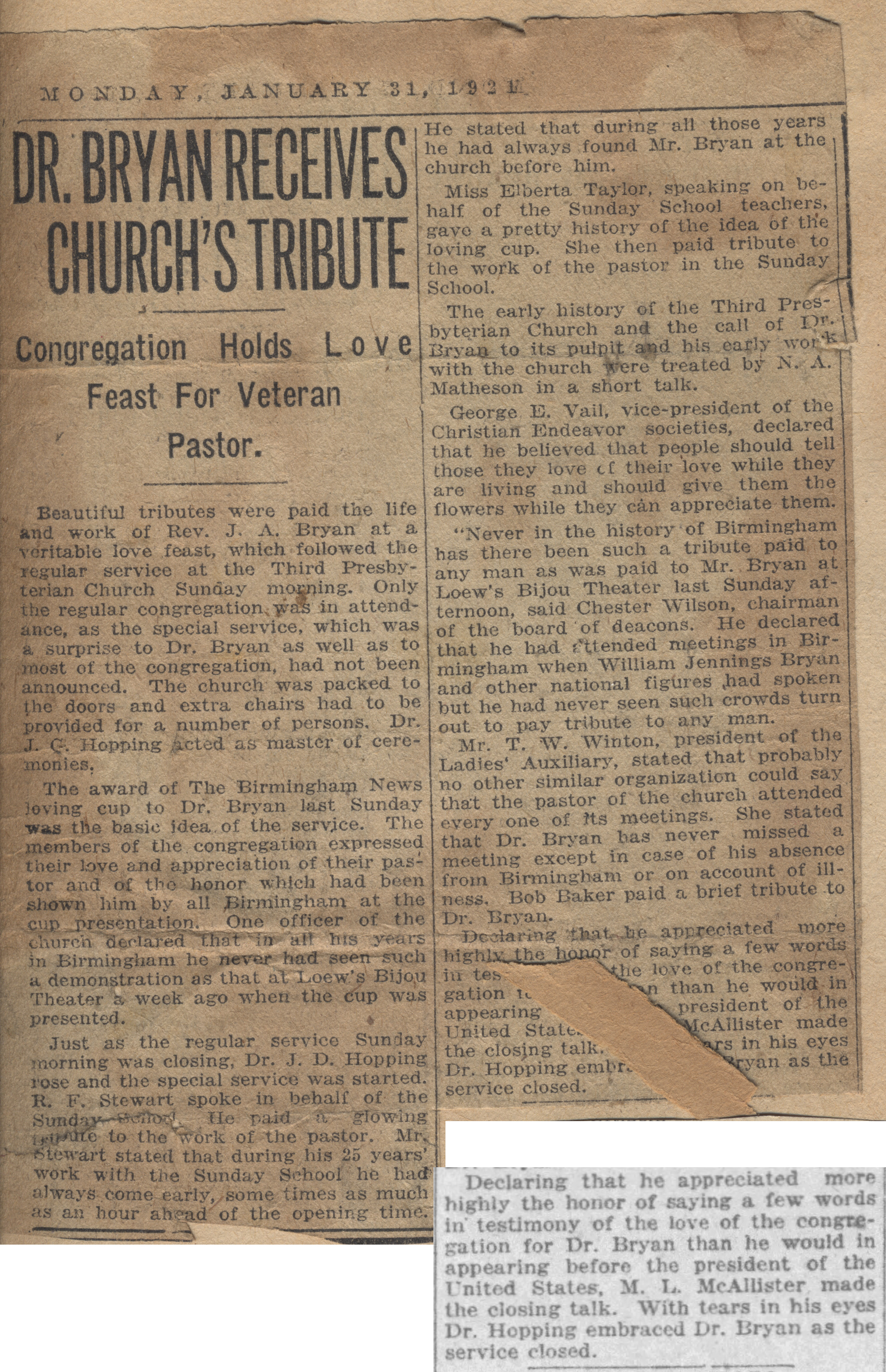 Dr. Bryan Receives Church's Tribute