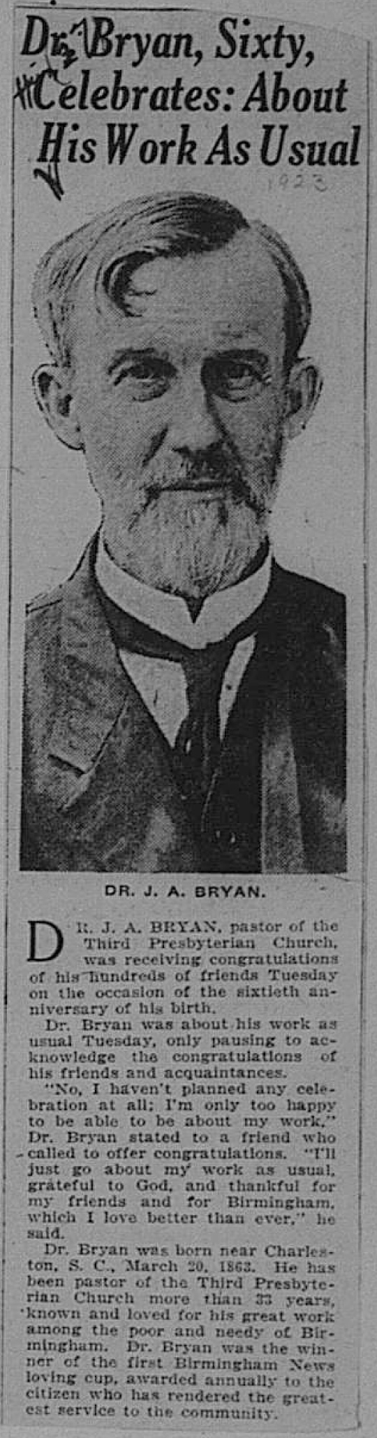 Dr. Bryan, Sixty, Celebrates: About His Work As Usual