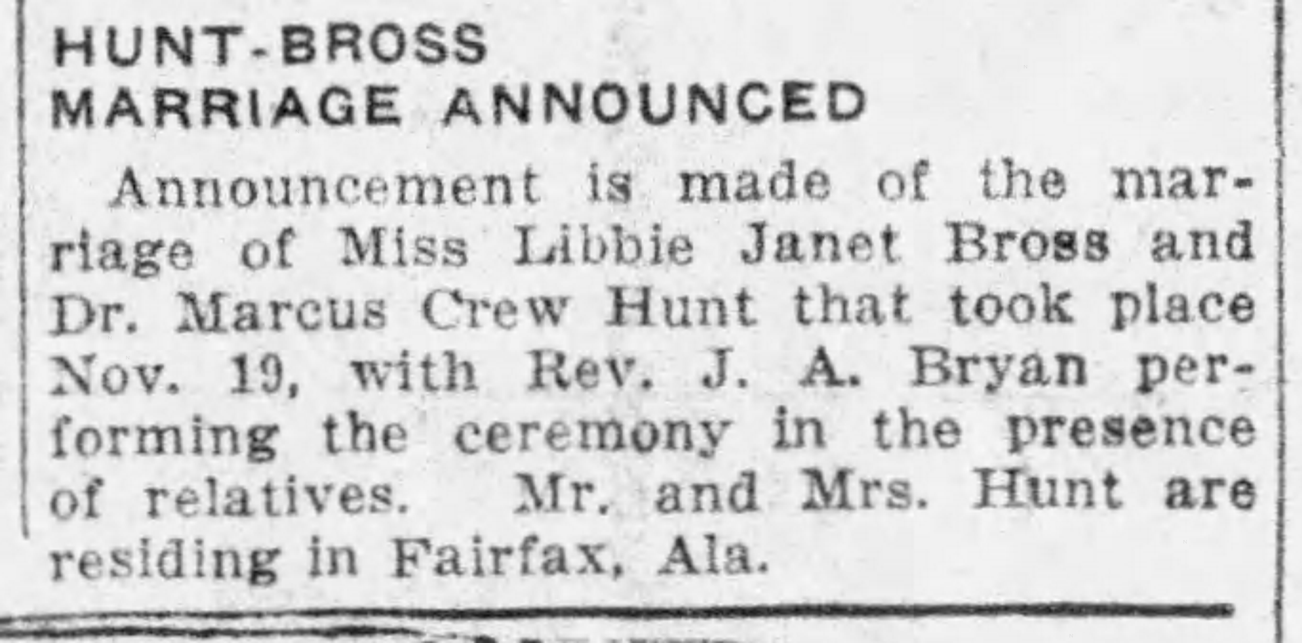 Hunt-Bross Marriage Announced